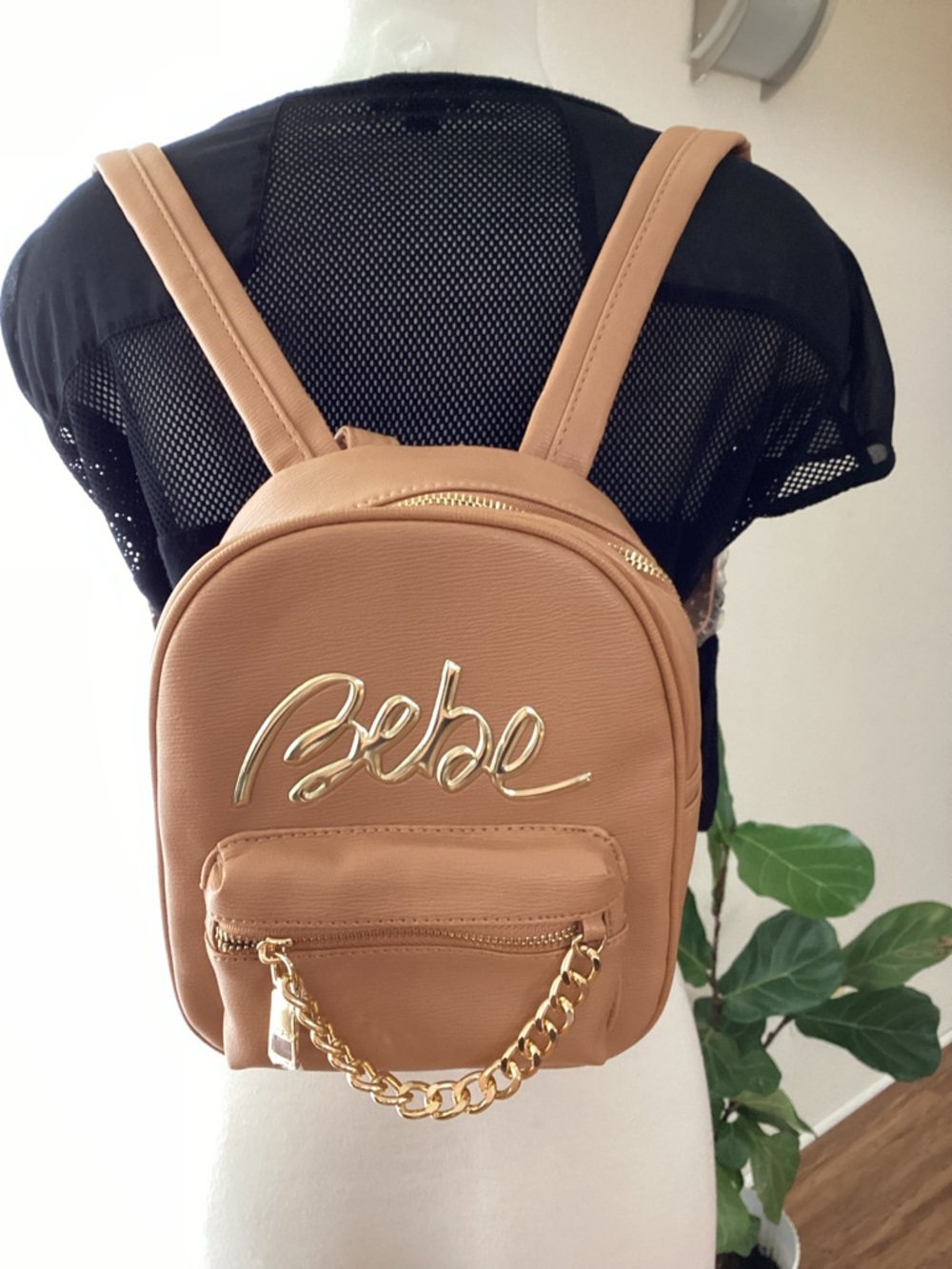 bebe Peach-Tan Mini Backpack with Gold Script Logo